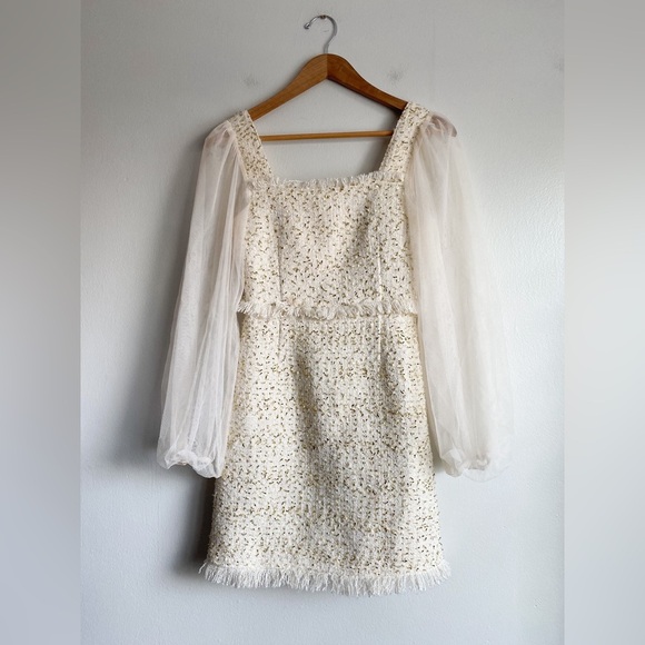 Tweed Boucle Ivory Formal Dress Lace Balloon Sleeves Bridal Elopement Wedding S - Picture 7 of 11